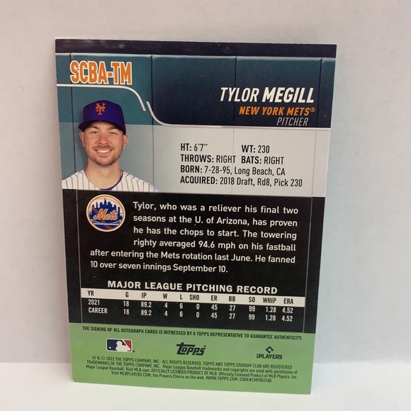 2022 Topps Stadium Club RC Tylor Megill Mets on Card Auto  #SCBA-TM (MISC7) - Picture 2 of 2